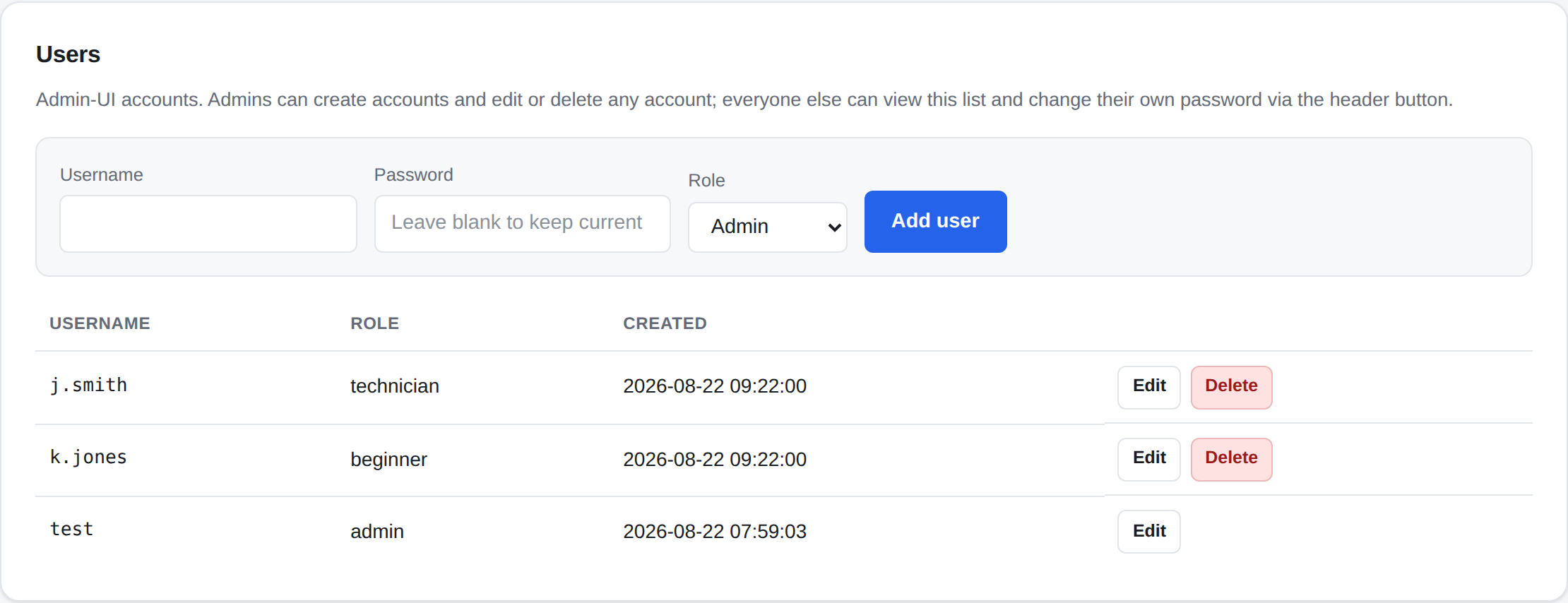 Users tab with the add-user panel and account table